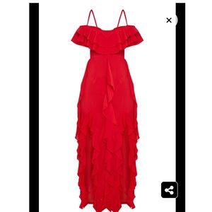 red cold shoulder ruffle detail maxi dress